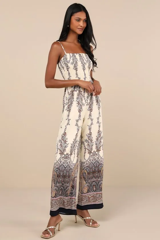 Charming Attitude Ivory Paisley Smocked Wide-Leg Jumpsuit sold by Lulus product image thumbnail 3