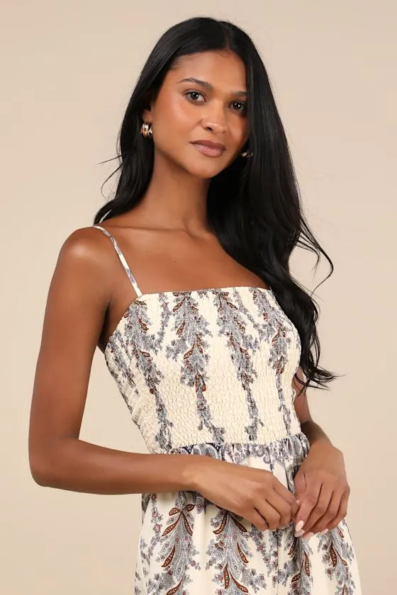 Charming Attitude Ivory Paisley Smocked Wide-Leg Jumpsuit sold by Lulus product image thumbnail 4