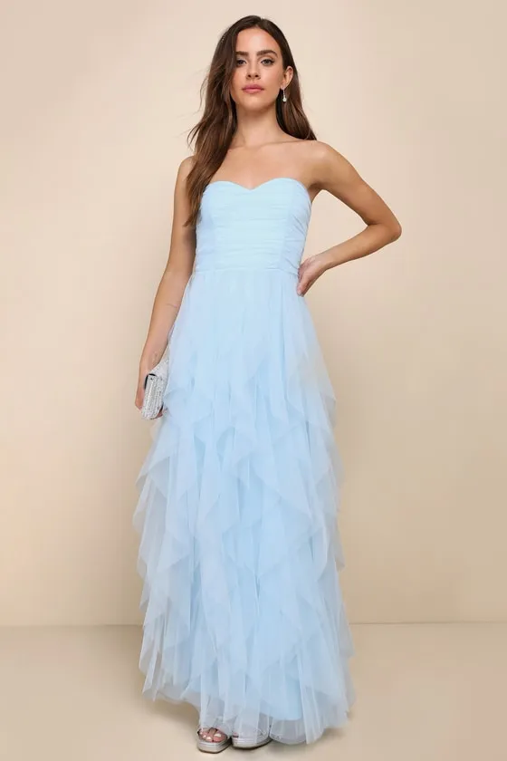 Delightful Beauty Blue Mesh Strapless Ruched Ruffled Maxi Dress sold by Lulus