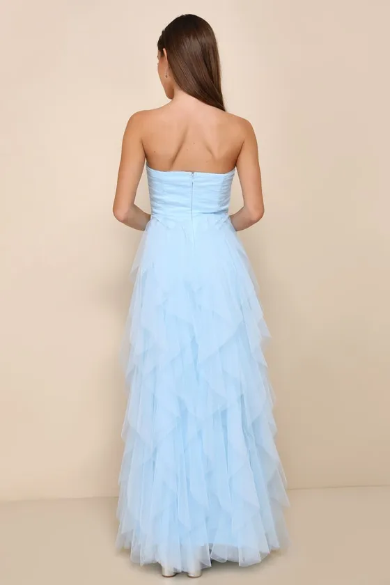 Delightful Beauty Blue Mesh Strapless Ruched Ruffled Maxi Dress sold by Lulus product image thumbnail 2