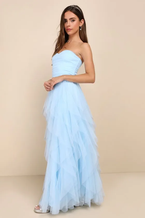 Delightful Beauty Blue Mesh Strapless Ruched Ruffled Maxi Dress sold by Lulus product image thumbnail 3