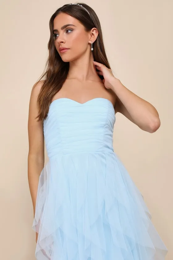 Delightful Beauty Blue Mesh Strapless Ruched Ruffled Maxi Dress sold by Lulus product image thumbnail 4