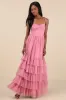 Endlessly Darling Dusty Rose Mesh Tiered Tie-Strap Maxi Dress sold by Lulus