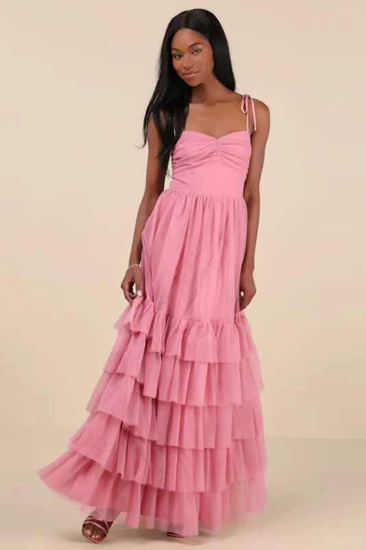 Endlessly Darling Dusty Rose Mesh Tiered Tie-Strap Maxi Dress sold by Lulus
