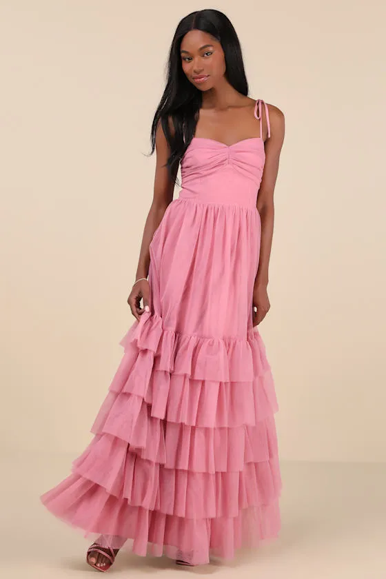 Endlessly Darling Dusty Rose Mesh Tiered Tie-Strap Maxi Dress sold by Lulus