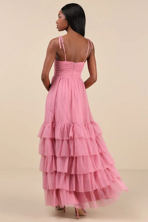 Endlessly Darling Dusty Rose Mesh Tiered Tie-Strap Maxi Dress sold by Lulus product image thumbnail 2