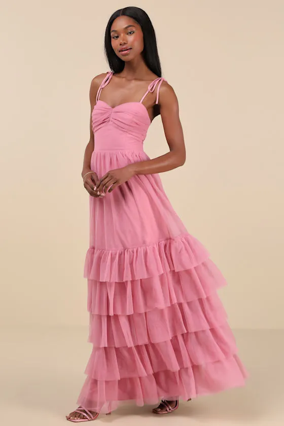 Endlessly Darling Dusty Rose Mesh Tiered Tie-Strap Maxi Dress sold by Lulus product image thumbnail 3