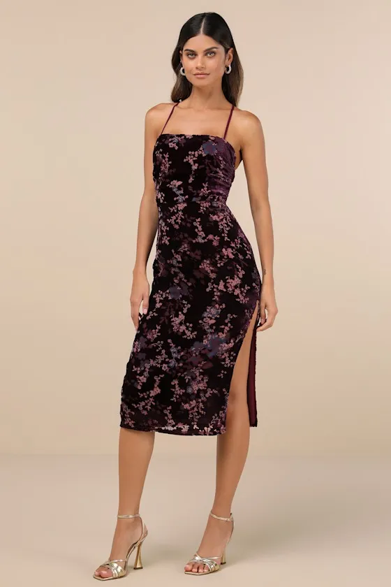 Elegant Persuasion Dark Plum Burnout Velvet Lace-Up Midi Dress sold by Lulus