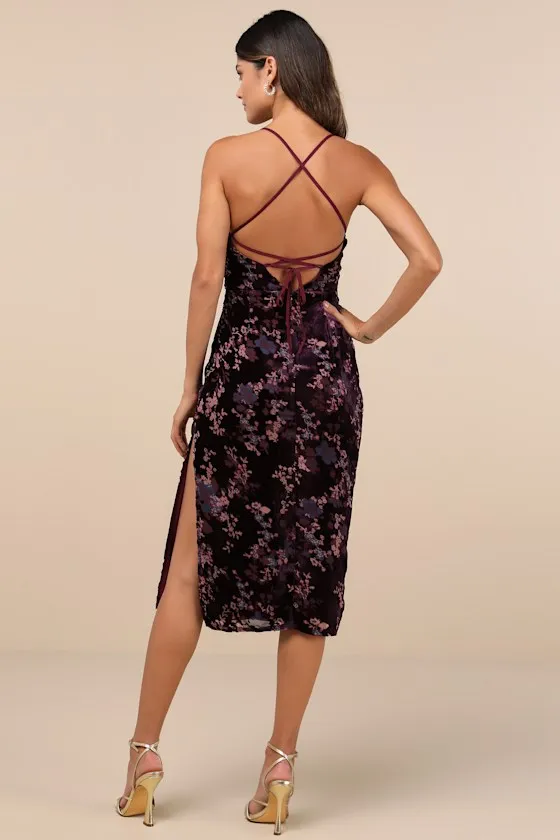 Elegant Persuasion Dark Plum Burnout Velvet Lace-Up Midi Dress sold by Lulus product image thumbnail 2