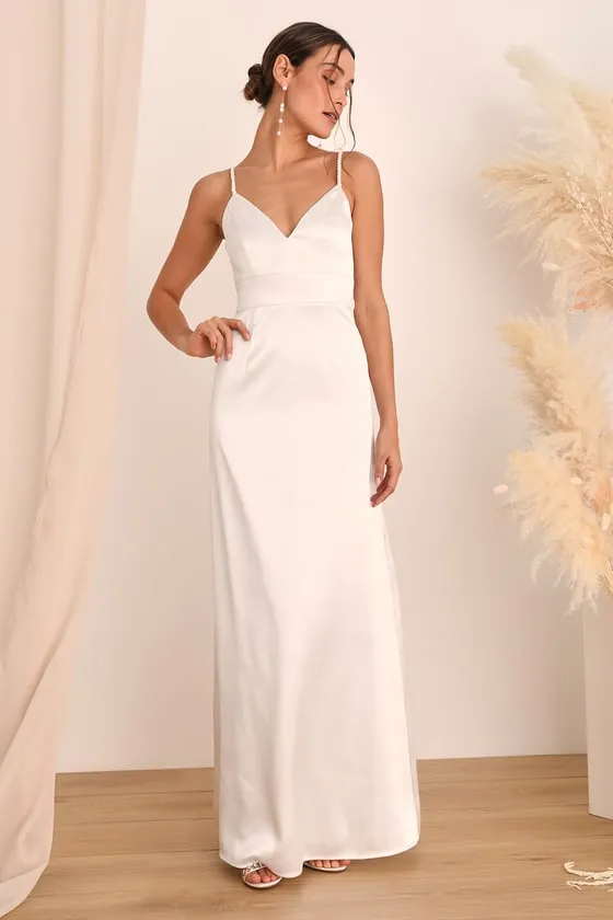 Ready For Forever White Satin Pearl Tie-Back Maxi Dress sold by Lulus
