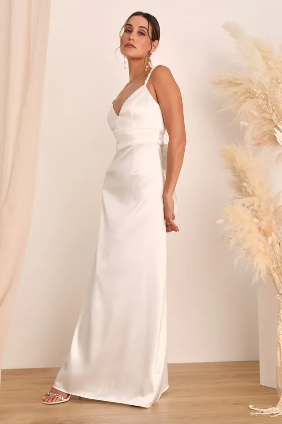 Ready For Forever White Satin Pearl Tie-Back Maxi Dress sold by Lulus product image thumbnail 2