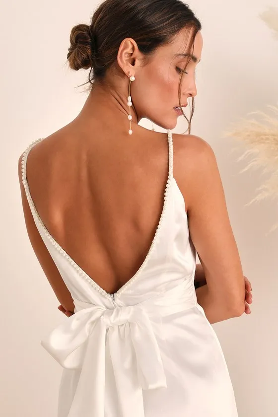 Ready For Forever White Satin Pearl Tie-Back Maxi Dress sold by Lulus product image thumbnail 4
