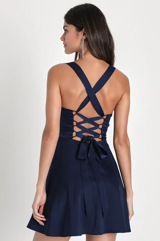 Admirably Chic Navy Blue Satin Lace-Up Mini Dress With Pockets sold by Lulus product image thumbnail 2