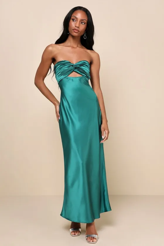 So Rare Emerald Green Satin Strapless Twist-Front Midi Dress sold by Lulus