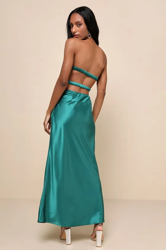 So Rare Emerald Green Satin Strapless Twist-Front Midi Dress sold by Lulus product image thumbnail 2