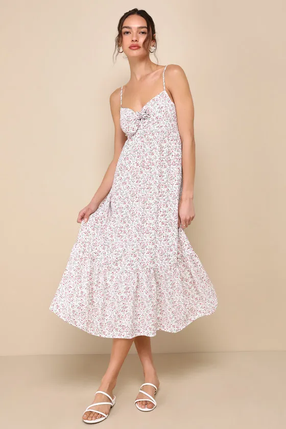 Decidedly Adorable Ivory Floral Tie-Front Tiered Midi Dress sold by Lulus