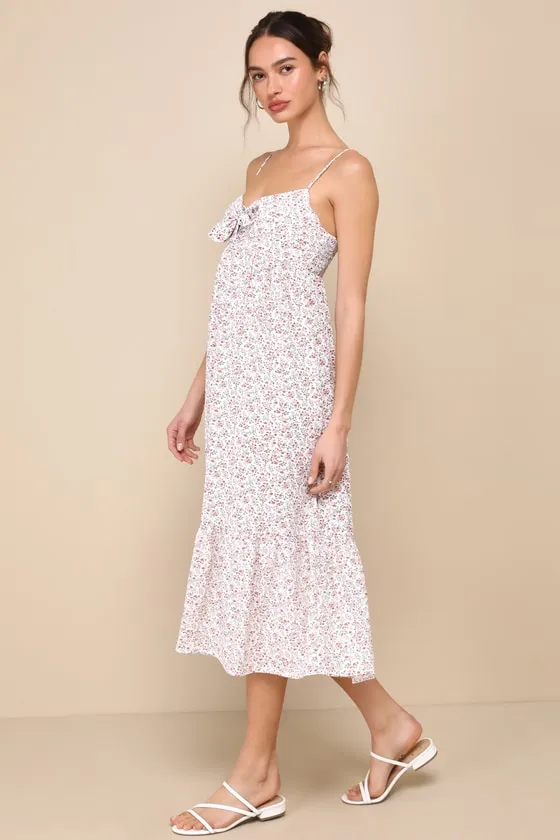 Decidedly Adorable Ivory Floral Tie-Front Tiered Midi Dress sold by Lulus product image thumbnail 4