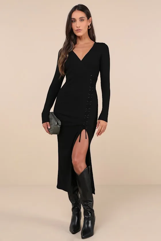Trendsetting Desire Black Ribbed Jersey Knit Lace-Up Midi Dress sold by Lulus