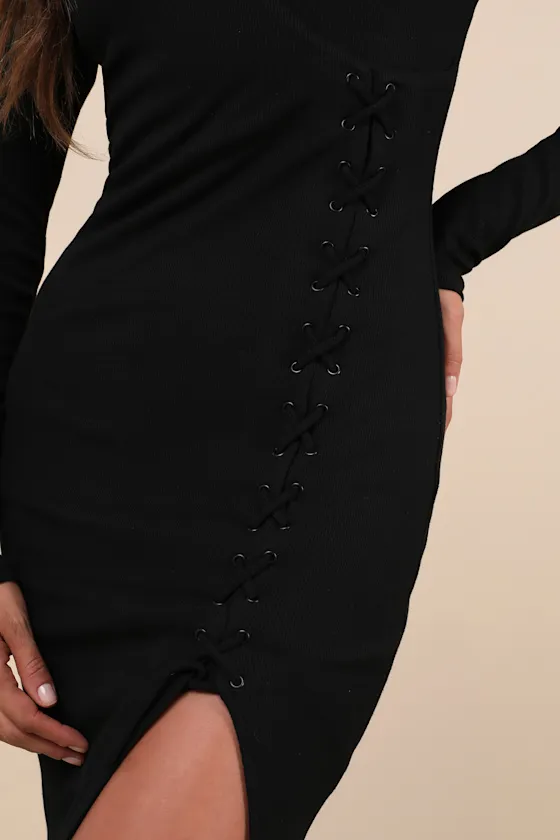 Trendsetting Desire Black Ribbed Jersey Knit Lace-Up Midi Dress sold by Lulus product image thumbnail 4