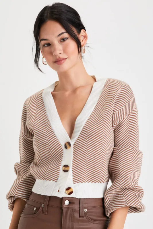 Here Comes a Holiday Brown and White Striped Button-Up Cardigan sold by Lulus