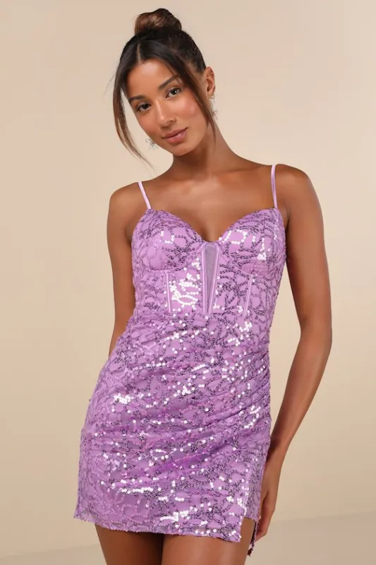 Magnificent Allure Purple Mesh Sequin Bustier Mini Dress sold by Lulus
