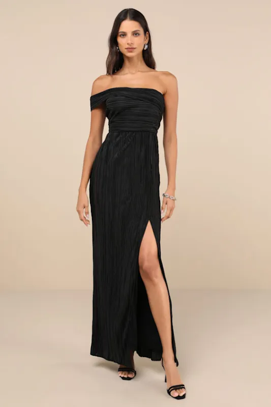 Poised Performance Black Plisse One-Shoulder Maxi Dress sold by Lulus