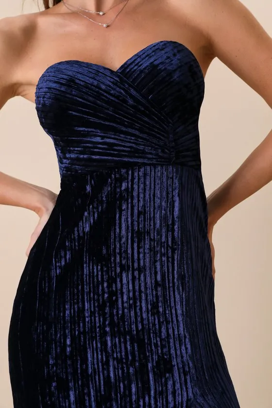 Classy Sensation Navy Blue Velvet Pleated Strapless Maxi Dress sold by Lulus product image thumbnail 4