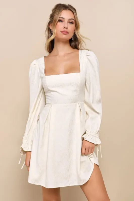 Elegant Adoration Cream Floral Jacquard Long Sleeve Mini Dress sold by Lulus