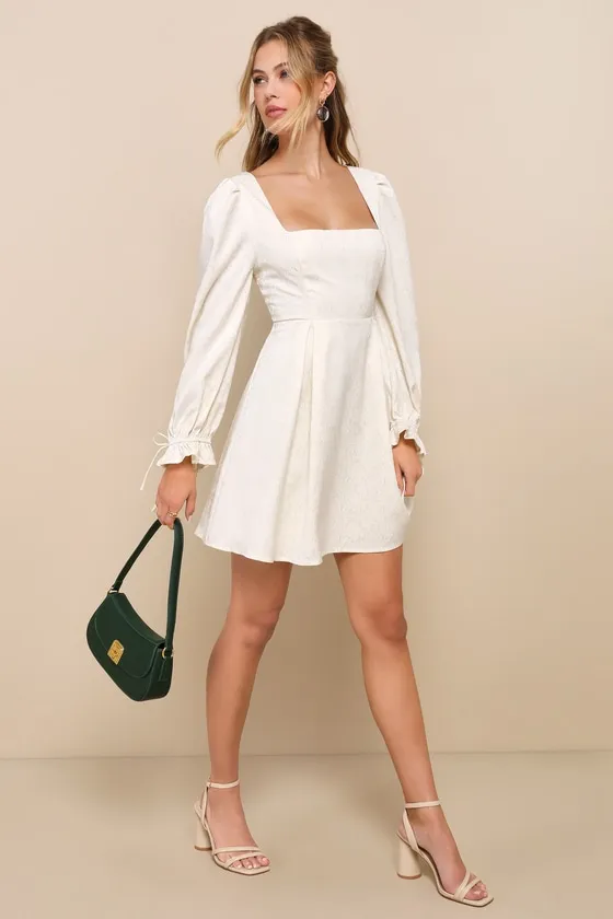 Elegant Adoration Cream Floral Jacquard Long Sleeve Mini Dress sold by Lulus product image thumbnail 2