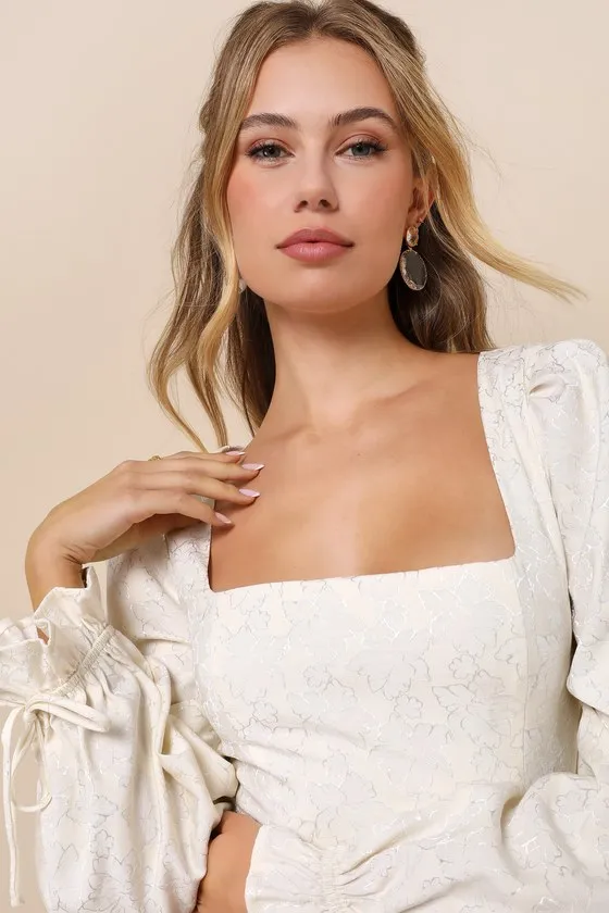 Elegant Adoration Cream Floral Jacquard Long Sleeve Mini Dress sold by Lulus product image thumbnail 4