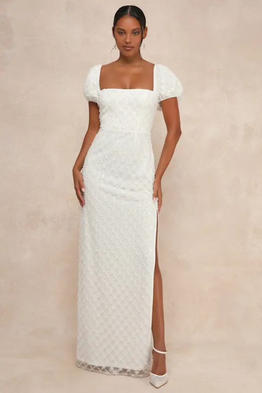 Incredible Glamour White Sequin Puff Sleeve Column Maxi Dress sold by Lulus