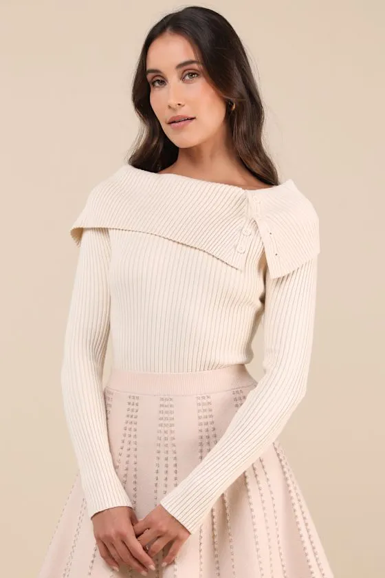 Chic Outcome Cream Ribbed Knit Collared Sweater Top sold by Lulus