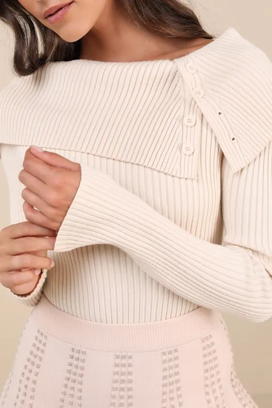 Chic Outcome Cream Ribbed Knit Collared Sweater Top sold by Lulus product image thumbnail 4