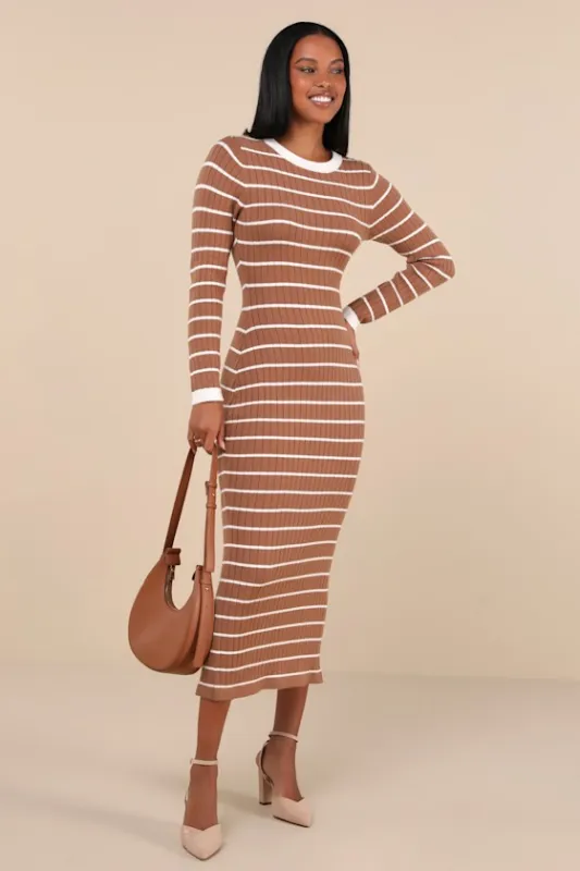 Ever So Effortless Light Brown Striped Ribbed Midi Sweater Dress sold by Lulus