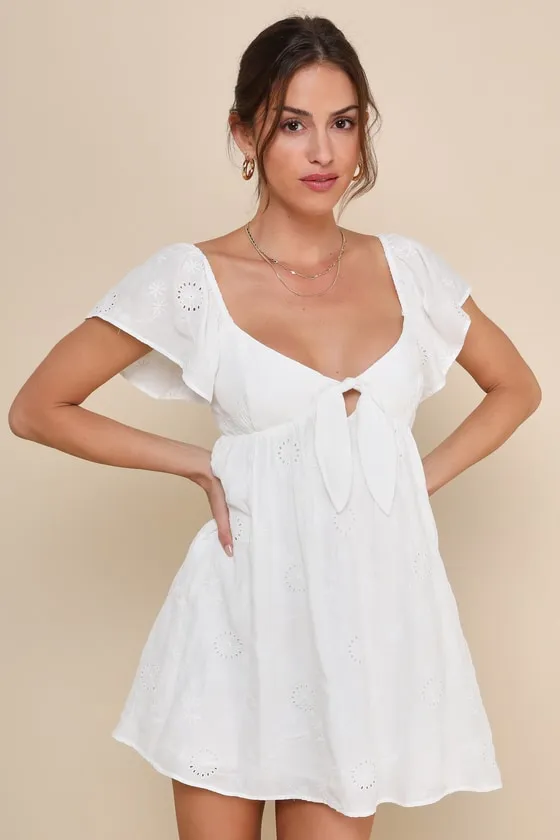 Heavenly Cutie White Embroidered Tie-Back Mini Dress sold by Lulus product image thumbnail 3