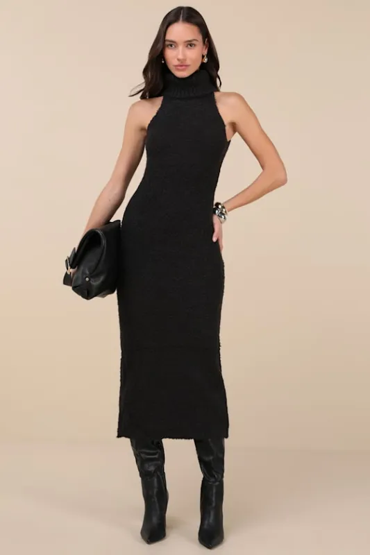 Savanah Black Turtleneck Midi Sweater Dress sold by Lulus