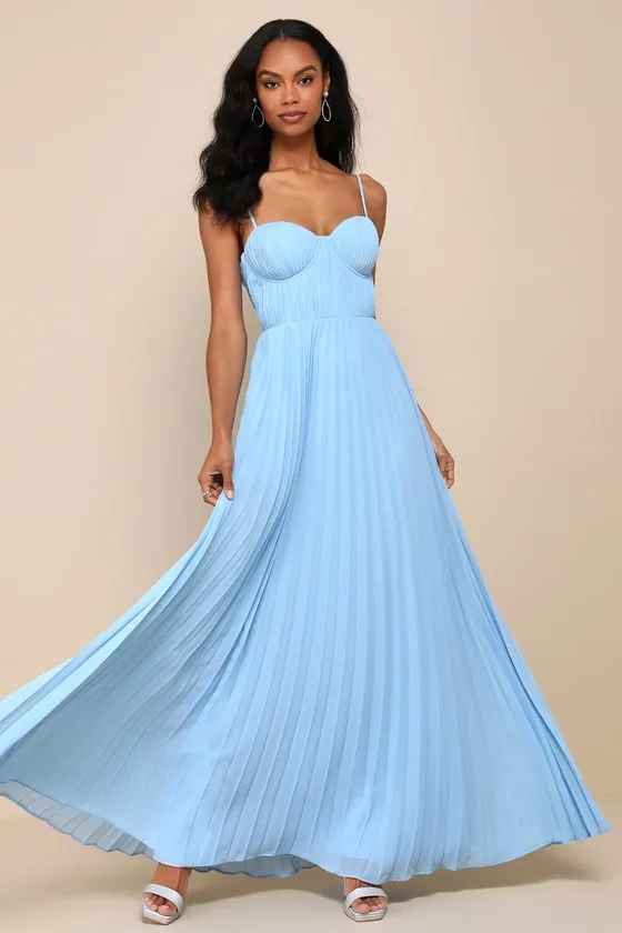 Admirable Elegance Light Blue Pleated Bustier Maxi Dress sold by Lulus