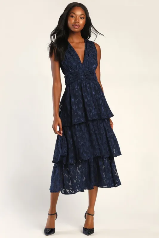 Make It Mesmerizing Navy Blue Jacquard Tiered Midi Dress sold by Lulus