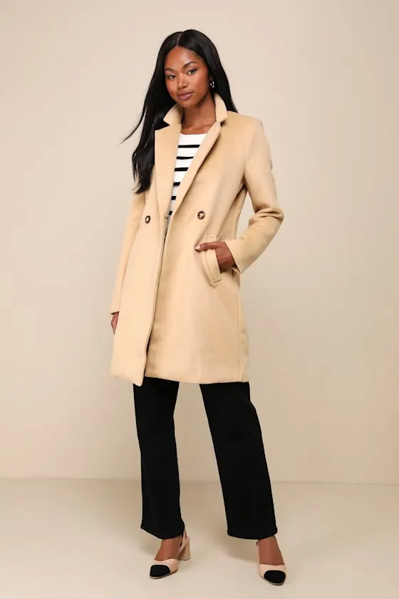 Harriet Long Double-Breasted Tan Coat sold by Lulus
