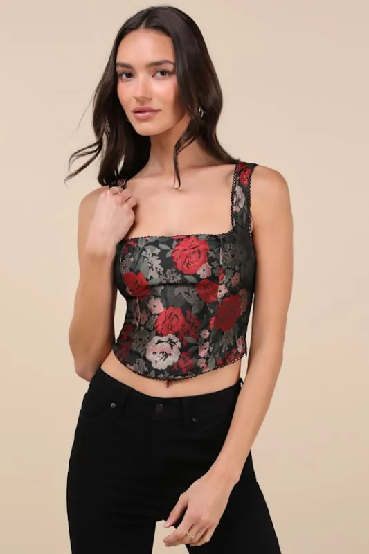 Elizabeth Black Multi Jacquard Bustier Top sold by Lulus