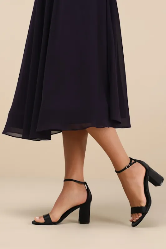 Arylee Black Satin Ankle Strap Heels sold by Lulus