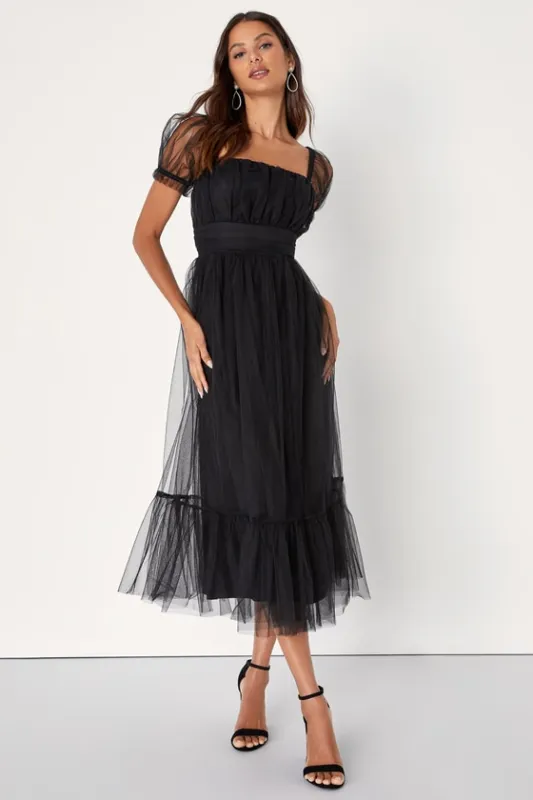 Flawless Aura Black Tulle Puff Sleeve Ruffled Midi Dress sold by Lulus