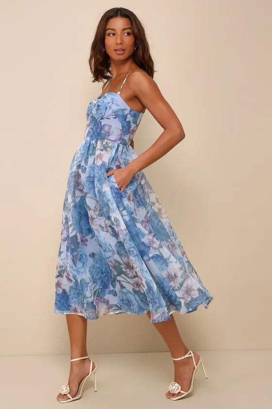 Cherished Aura Blue Multi Floral Organza Bustier Midi Dress sold by Lulus