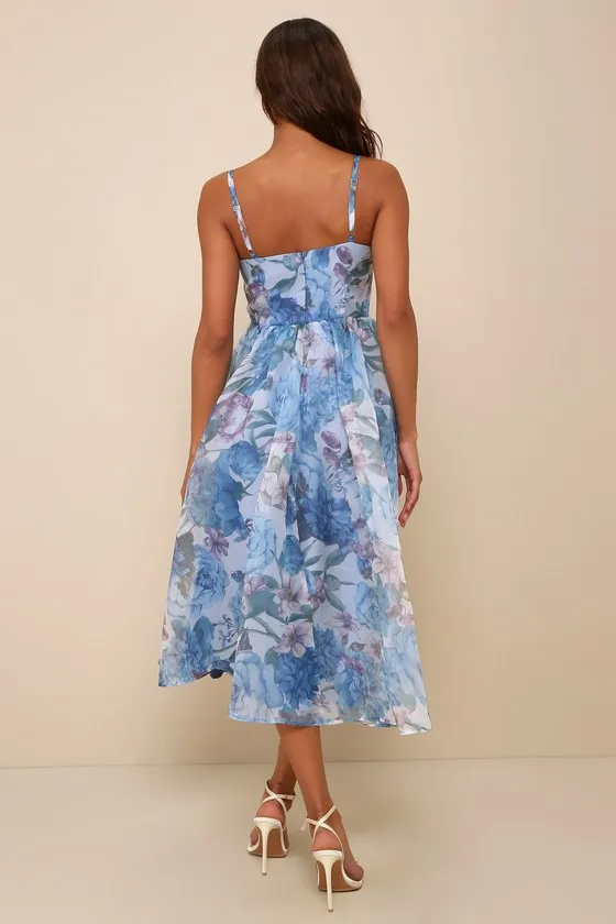 Cherished Aura Blue Multi Floral Organza Bustier Midi Dress sold by Lulus product image thumbnail 3