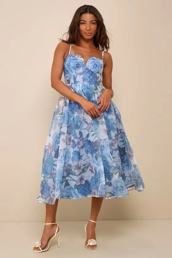 Cherished Aura Blue Multi Floral Organza Bustier Midi Dress sold by Lulus product image thumbnail 4