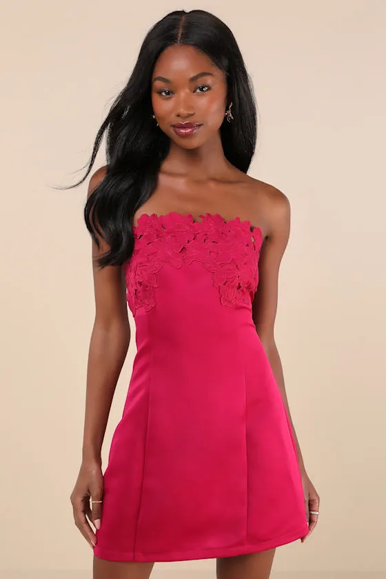 Unforgettable Icon Magenta Satin Strapless Floral Mini Dress sold by Lulus