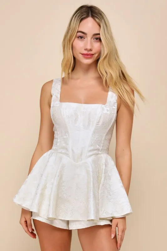 Radiant Flair Ivory Floral Jacquard Bustier Skort Romper sold by Lulus