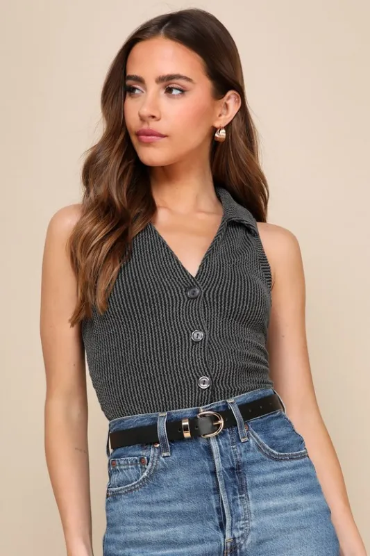 Feeling Trendy Charcoal Grey Textured Ribbed Collared Tank Top sold by Lulus
