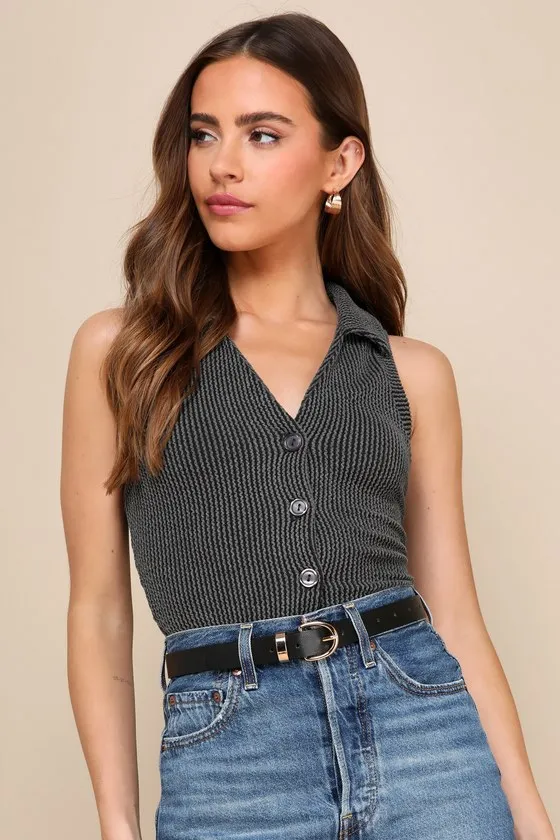 Feeling Trendy Charcoal Grey Textured Ribbed Collared Tank Top sold by Lulus