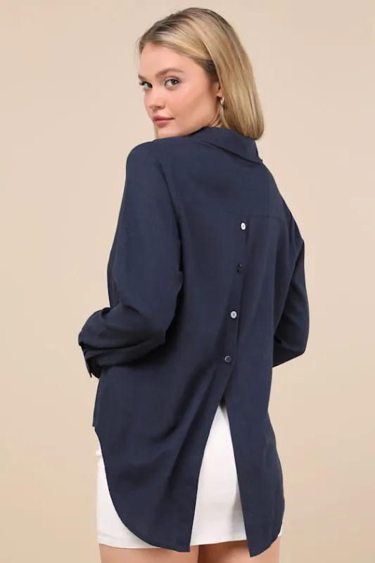 Notable Aesthetic Navy Blue Linen Collared Button-Up Top sold by Lulus